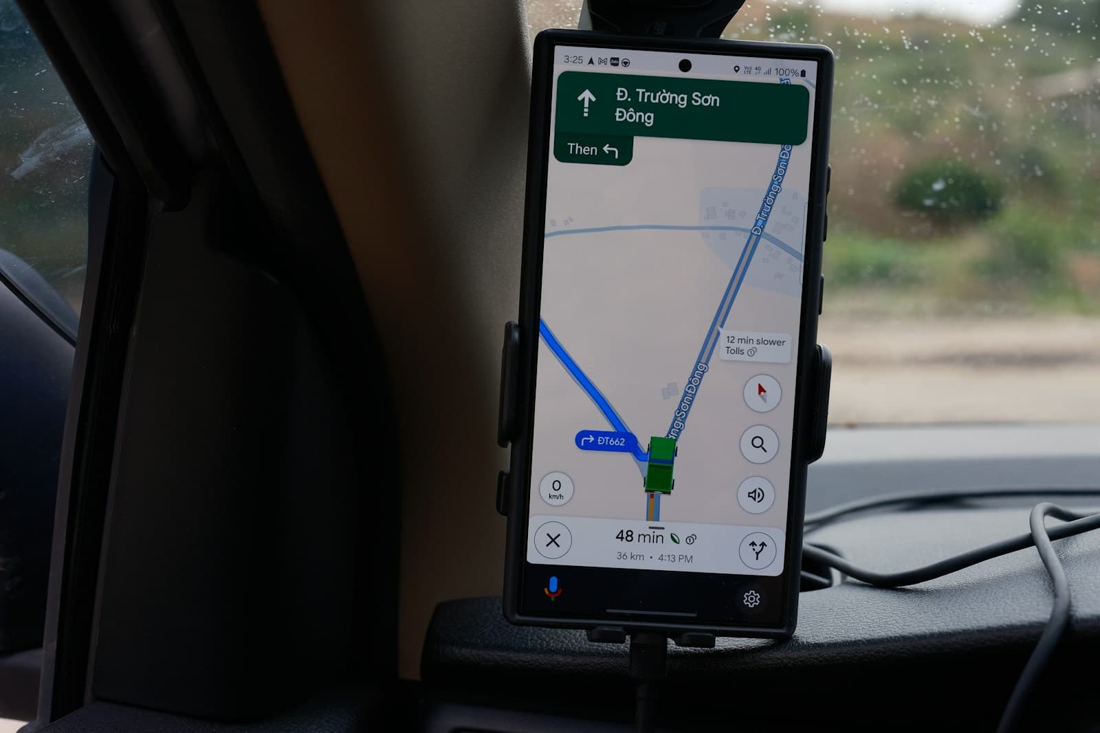 Smartphone showing a live map and turn-by-turn directions on a trip