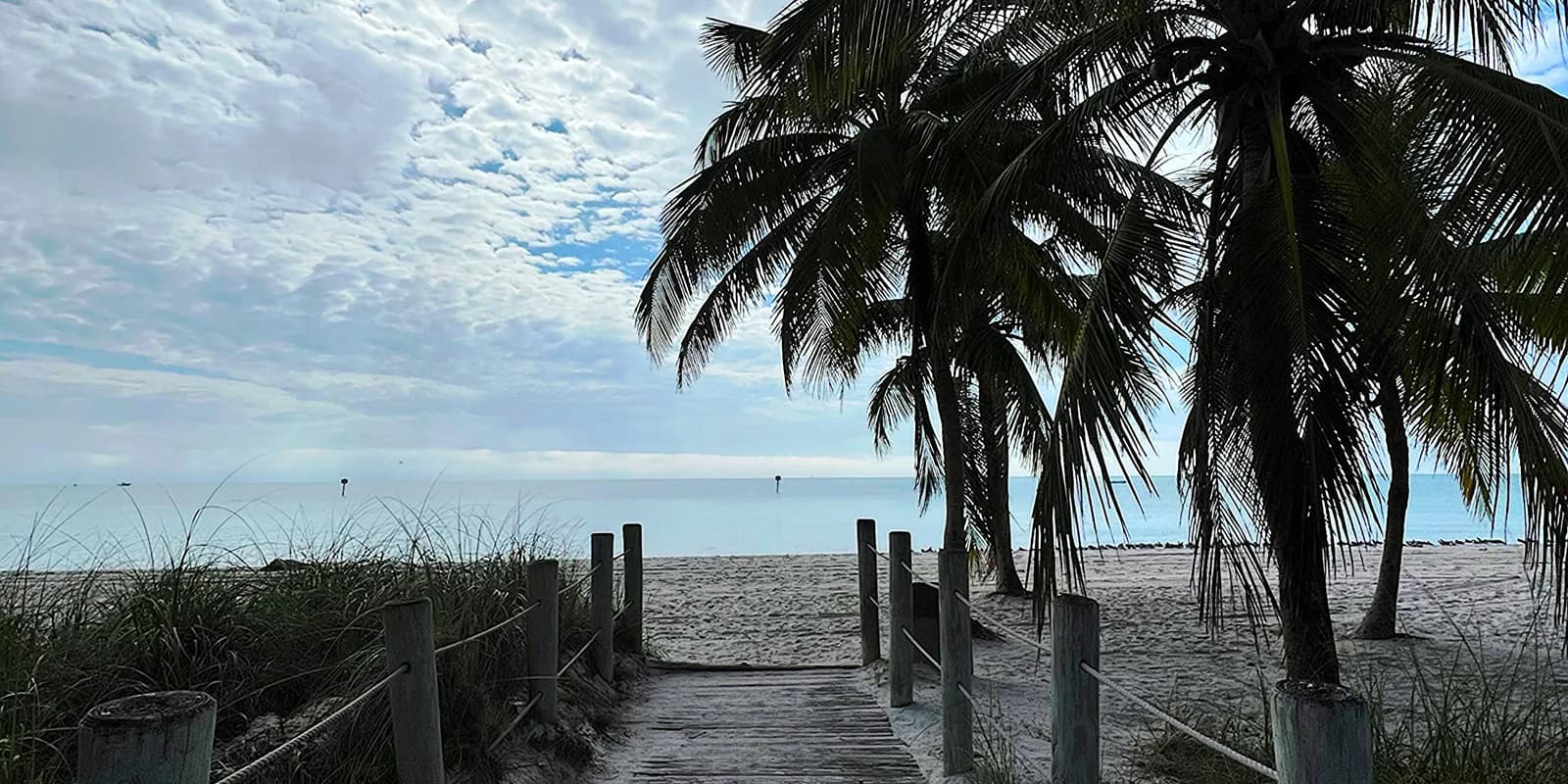 Palm-lined beach and calm turquoise water in Key West