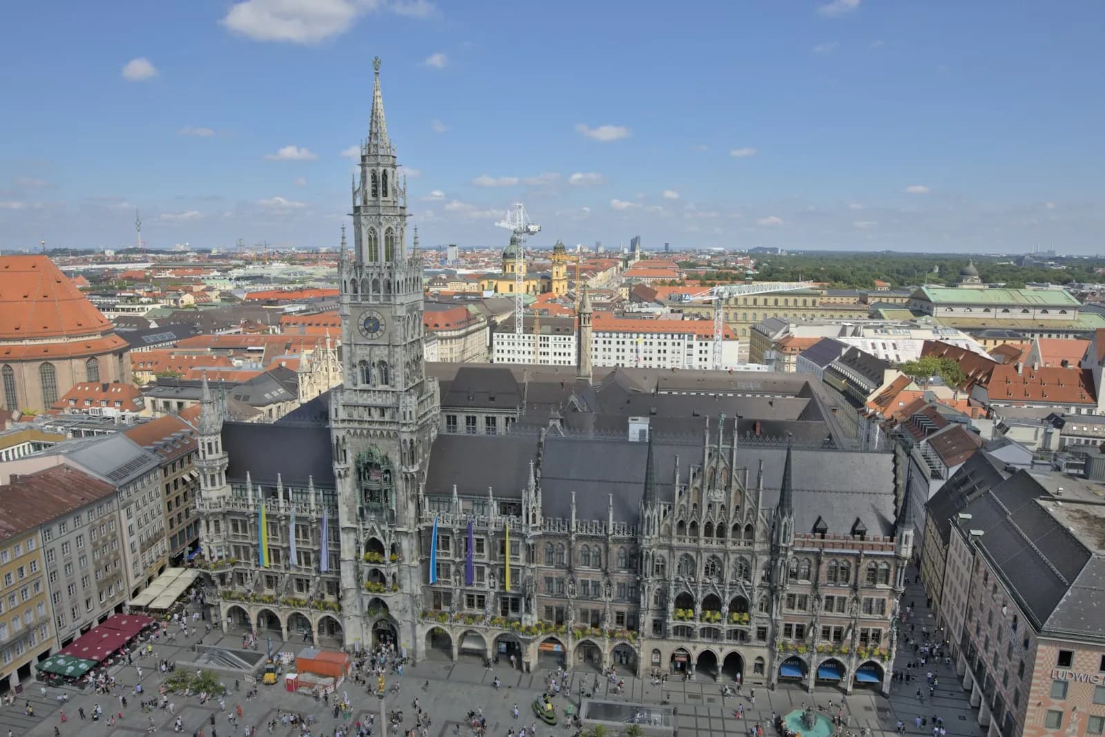Historic façades and a landmark tower in central Munich