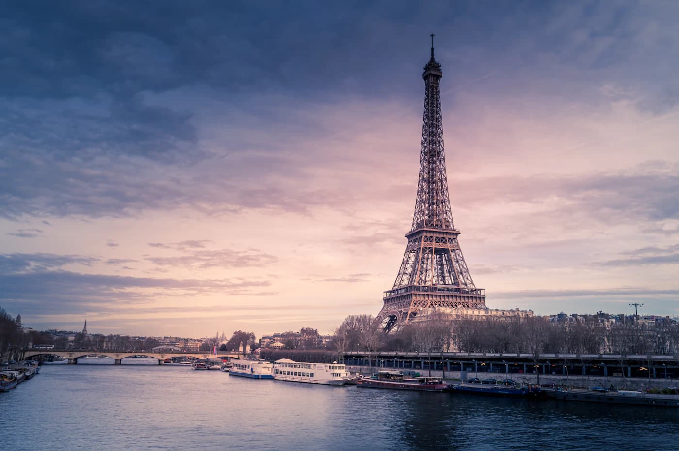 The Eiffel Tower seen across the Seine in Paris